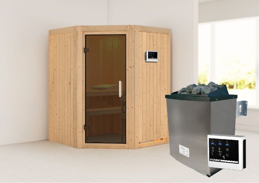 Sauna LARIN (Eckeinstieg) / graphit Tür / kein Dachkranz / Ofen 4,5 KW externe Strg easy