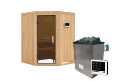 Sauna LARIN (Eckeinstieg) / graphit Tür / kein Dachkranz / Ofen 4,5 KW externe Strg easy