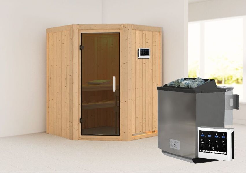 Sauna LARIN (Eckeinstieg) / graphit Tür / kein Dachkranz / Ofen 4,5 kW Bio externe Strg easy