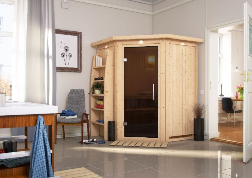 Sauna LARIN (Eckeinstieg) / graphit Tür / inkl. Dachkranz / Ofen 4,5 kW integr. Strg