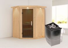 Sauna LARIN (Eckeinstieg) / graphit Tür / inkl. Dachkranz / Ofen 4,5 kW integr. Strg