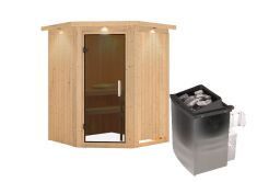 Sauna LARIN (Eckeinstieg) / graphit Tür / inkl. Dachkranz / Ofen 4,5 kW integr. Strg