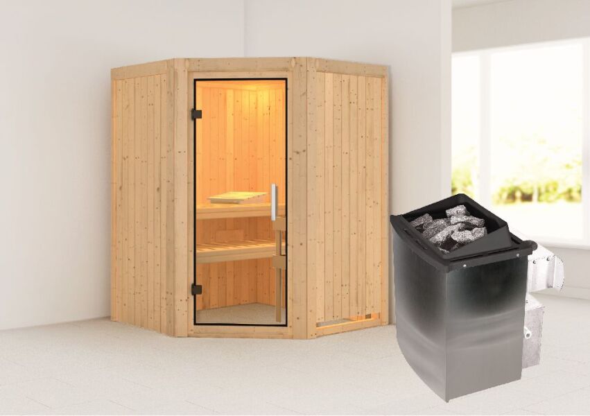 Sauna LARIN (Eckeinstieg) / klarglas Tür / kein Dachkranz / Ofen 4,5 kW integr. Strg