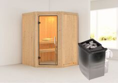 Sauna LARIN (Eckeinstieg) / klarglas Tür / kein Dachkranz / Ofen 4,5 kW integr. Strg