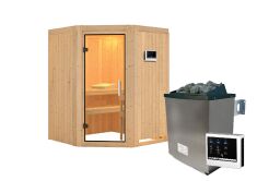 Sauna LARIN (Eckeinstieg) / klarglas Tür / kein Dachkranz / Ofen 4,5 KW externe Strg easy