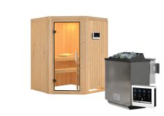 Sauna LARIN (Eckeinstieg) / klarglas Tür / kein Dachkranz / Ofen 4,5 kW Bio externe Strg easy