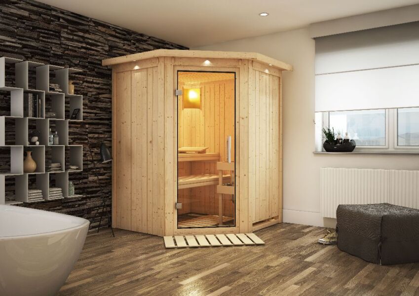 Sauna LARIN (Eckeinstieg) / klarglas Tür / inkl. Dachkranz / ohne Ofen