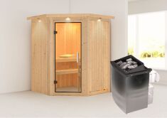 Sauna LARIN (Eckeinstieg) / klarglas Tür / inkl. Dachkranz / Ofen 4,5 kW integr. Strg