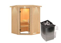 Sauna LARIN (Eckeinstieg) / klarglas Tür / inkl. Dachkranz / Ofen 4,5 kW integr. Strg