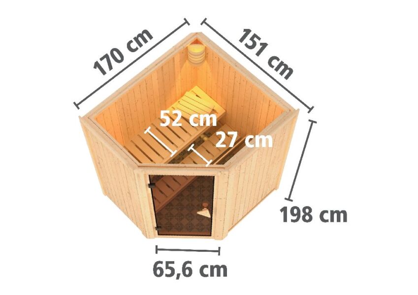 Sauna TAURIN (Eckeinstieg) / Holztür / kein Dachkranz / Ofen 4,5 kW integr. Strg