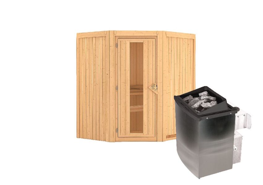 Sauna TAURIN (Eckeinstieg) / Holztür / kein Dachkranz / Ofen 4,5 kW integr. Strg