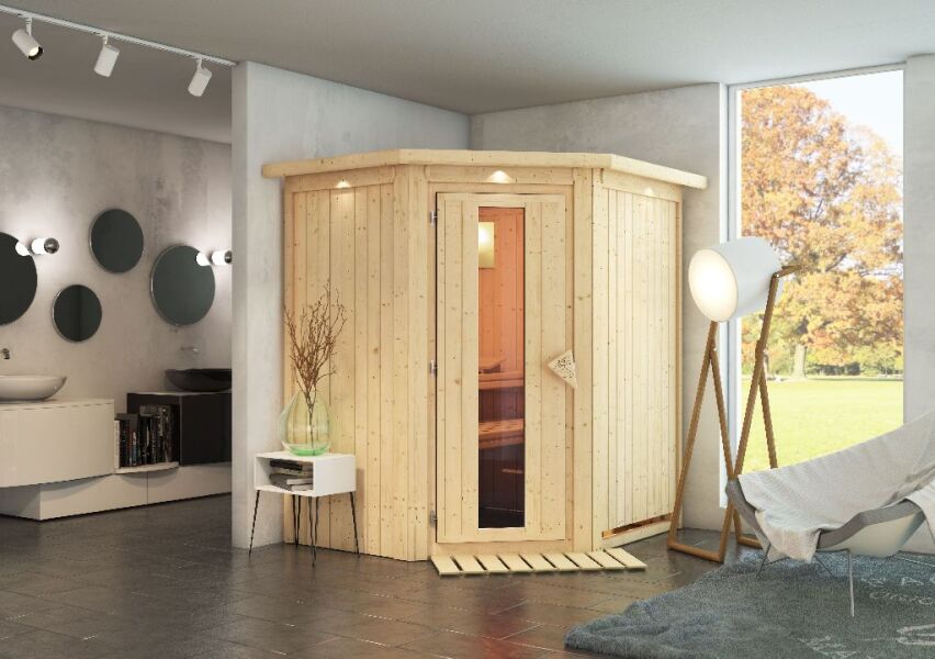 Sauna TAURIN (Eckeinstieg) / Holztür / inkl. Dachkranz / ohne Ofen