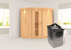 Sauna TAURIN (Eckeinstieg) / Holztür / inkl. Dachkranz / Ofen 4,5 kW integr. Strg