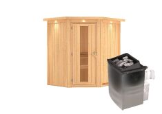 Sauna TAURIN (Eckeinstieg) / Holztür / inkl. Dachkranz / Ofen 4,5 kW integr. Strg