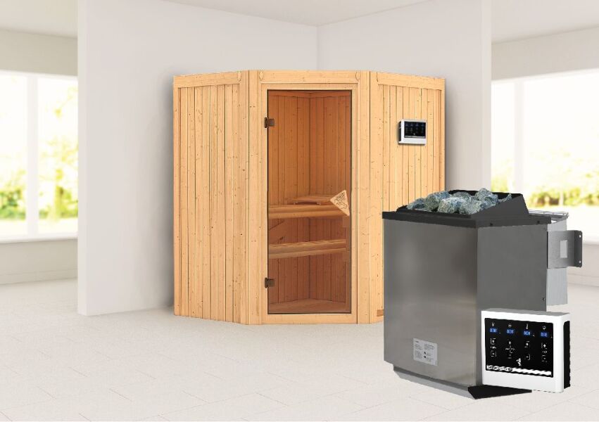 Sauna TAURIN (Eckeinstieg) / bronzierte Tür / kein Dachkranz / Ofen 4,5 kW Bio externe Strg easy