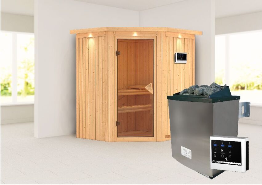 Sauna TAURIN (Eckeinstieg) / bronzierte Tür / inkl. Dachkranz / Ofen 4,5 KW externe Strg easy