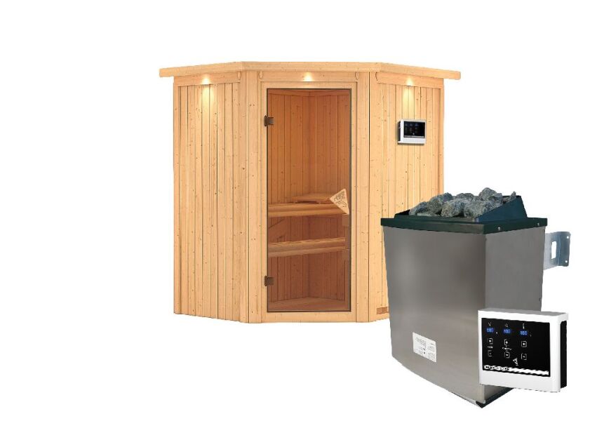 Sauna TAURIN (Eckeinstieg) / bronzierte Tür / inkl. Dachkranz / Ofen 4,5 KW externe Strg easy