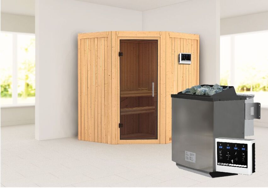 Sauna TAURIN (Eckeinstieg) / graphit Tür / kein Dachkranz / Ofen 4,5 kW Bio externe Strg easy