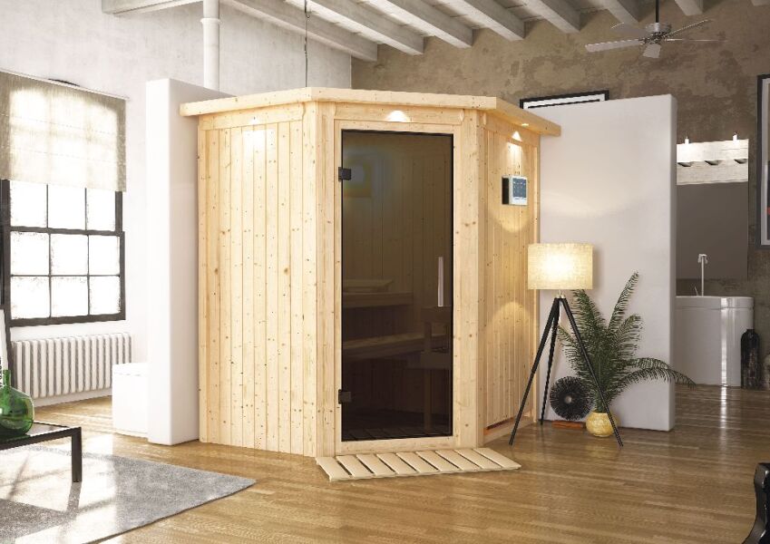 Sauna TAURIN (Eckeinstieg) / graphit Tür / inkl. Dachkranz / Ofen 4,5 kW Bio externe Strg easy