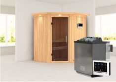 Sauna TAURIN (Eckeinstieg) / graphit Tür / inkl. Dachkranz / Ofen 4,5 kW Bio externe Strg easy