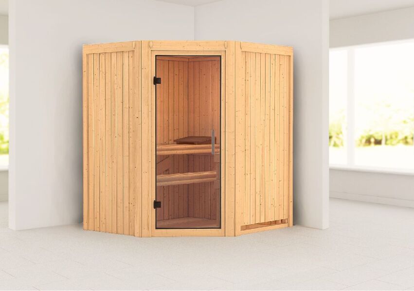 Sauna TAURIN (Eckeinstieg) / klarglas Tür / kein Dachkranz / ohne Ofen