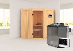 Sauna TAURIN (Eckeinstieg) / klarglas Tür / kein Dachkranz / Ofen 4,5 kW Bio externe Strg easy