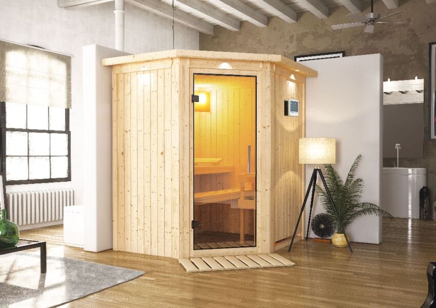 Sauna TAURIN (Eckeinstieg) / klarglas Tür / inkl. Dachkranz / Ofen 4,5 KW externe Strg easy