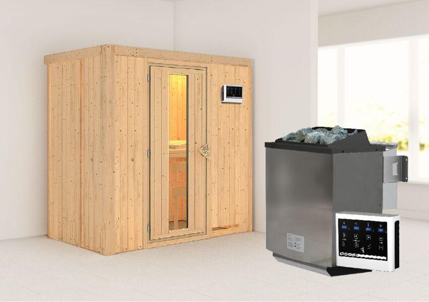 Sauna VARIADO (Fronteinstieg) / Holztür / kein Dachkranz / Ofen 4,5 kW Biokombi  externe Strg easy