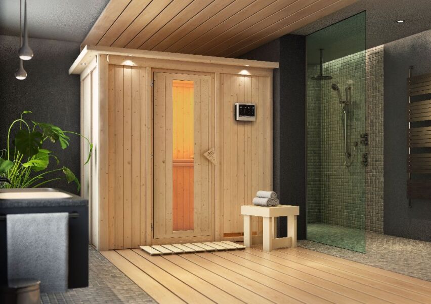 Sauna VARIADO (Fronteinstieg) / Holztür / inkl. Dachkranz / Ofen 4,5 kW Biokombi  externe Strg easy