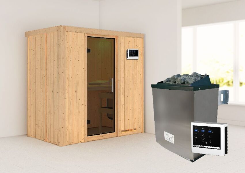 Sauna VARIADO (Fronteinstieg) / graphit Tür / kein Dachkranz / Ofen 4,5 kW externe Strg easy