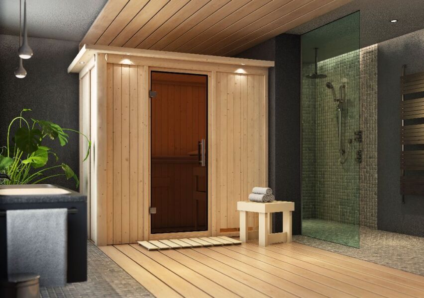 Sauna VARIADO (Fronteinstieg) / graphit Tür / inkl. Dachkranz / Ofen 4,5 kW integr. Strg