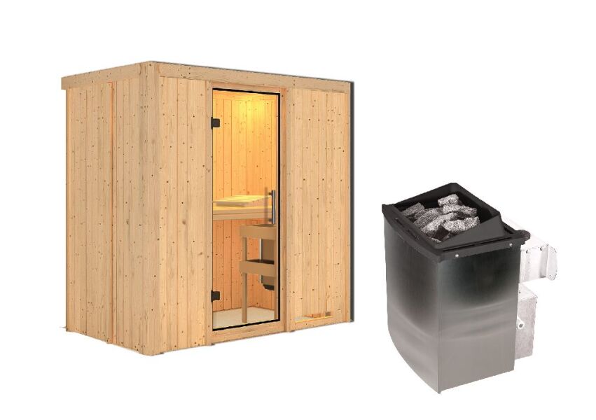 Sauna VARIADO (Fronteinstieg) / klarglas Tür / kein Dachkranz / Ofen 4,5 kW integr. Strg