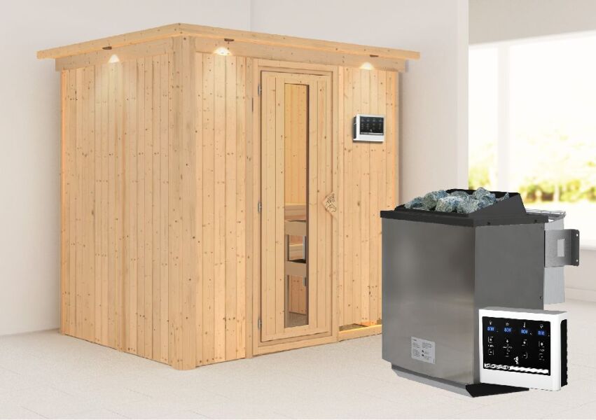 Sauna BODIN (Fronteinstieg) / Holztür / inkl. Dachkranz / Ofen 4,5 kW Bio externe Strg easy