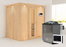 Sauna BODIN (Fronteinstieg) / Holztür / inkl. Dachkranz / Ofen 4,5 kW Bio externe Strg easy