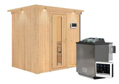 Sauna BODIN (Fronteinstieg) / Holztür / inkl. Dachkranz / Ofen 4,5 kW Bio externe Strg easy