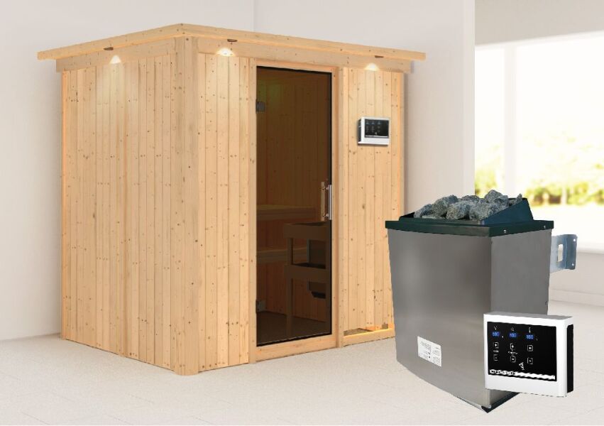 Sauna BODIN (Fronteinstieg) / graphit Tür / inkl. Dachkranz / Ofen 4,5 KW externe Strg easy
