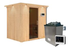 Sauna BODIN (Fronteinstieg) / graphit Tür / inkl. Dachkranz / Ofen 4,5 KW externe Strg easy