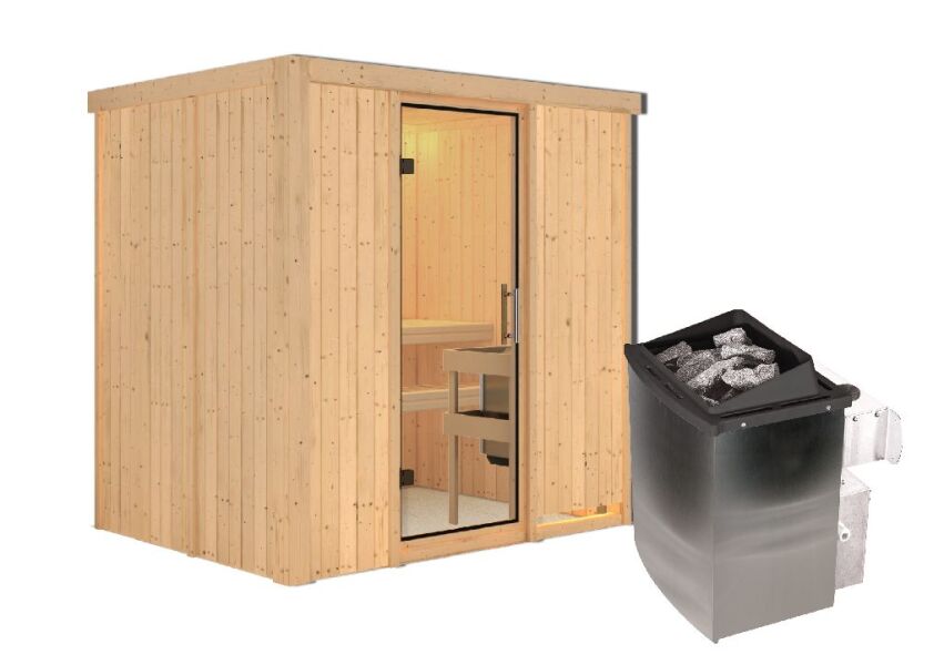 Sauna BODIN (Fronteinstieg) / klarglas Tür / kein Dachkranz / Ofen 4,5 kW integr. Strg