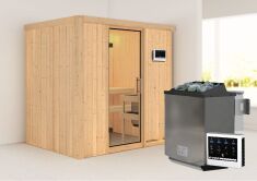 Sauna BODIN (Fronteinstieg) / klarglas Tür / kein Dachkranz / Ofen 4,5 kW Bio externe Strg easy