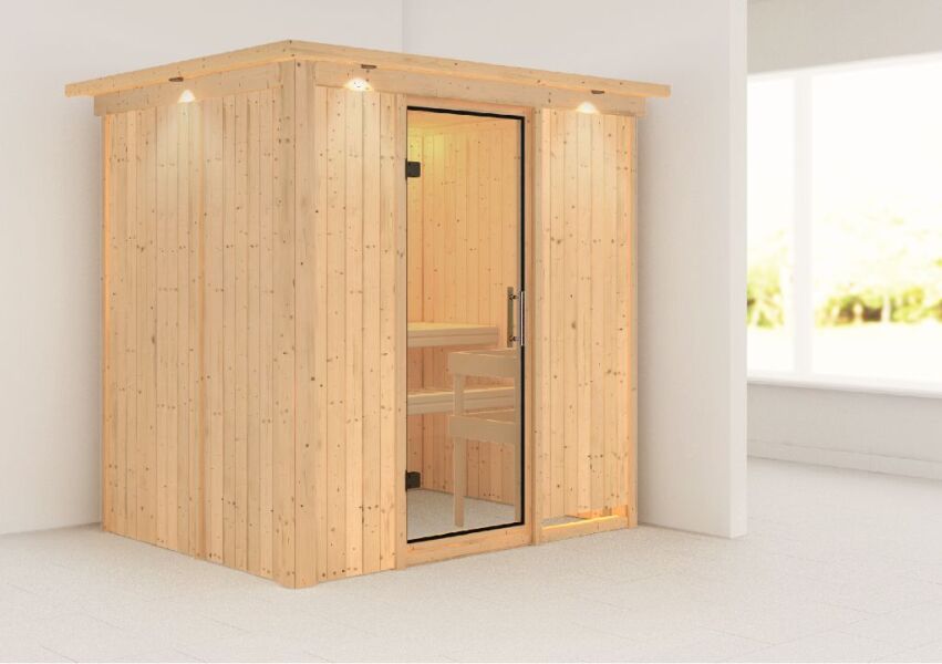 Sauna BODIN (Fronteinstieg) / klarglas Tür / inkl. Dachkranz / ohne Ofen
