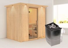 Sauna BODIN (Fronteinstieg) / klarglas Tür / inkl. Dachkranz / Ofen 4,5 kW integr. Strg