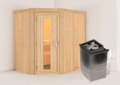 Sauna CARIN (Eckeinstieg) / Holztür / kein Dachkranz / Ofen 4,5 kW integr. Strg