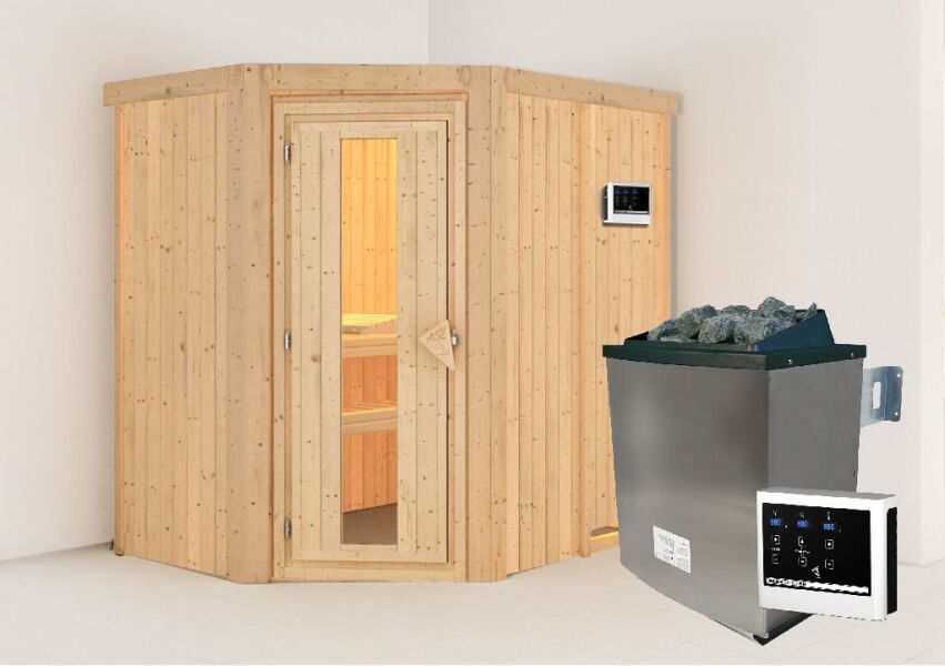 Sauna CARIN (Eckeinstieg) / Holztür / kein Dachkranz / Ofen 4,5 KW externe Strg easy