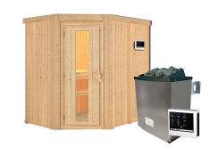 Sauna CARIN (Eckeinstieg) / Holztür / kein Dachkranz / Ofen 4,5 KW externe Strg easy