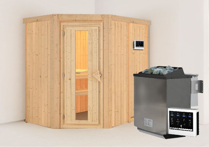 Sauna CARIN (Eckeinstieg) / Holztür / kein Dachkranz / Ofen 4,5 kW Bio externe Strg easy