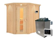 Sauna CARIN (Eckeinstieg) / Holztür / inkl. Dachkranz / Ofen 4,5 KW externe Strg easy