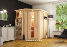 Sauna CARIN (Eckeinstieg) / Holztür / inkl. Dachkranz / Ofen 4,5 kW Bio externe Strg easy