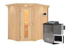 Sauna CARIN (Eckeinstieg) / Holztür / inkl. Dachkranz / Ofen 4,5 kW Bio externe Strg easy