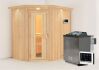 Sauna CARIN (Eckeinstieg) / Holztür / inkl. Dachkranz / Ofen 4,5 kW Bio externe Strg easy