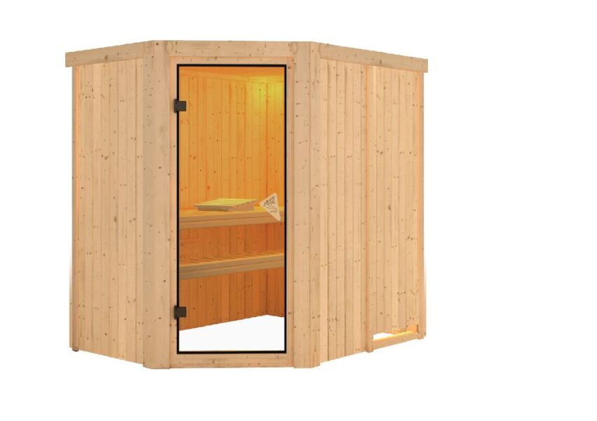 Sauna CARIN (Eckeinstieg) / bronzierte Tür / kein Dachkranz / ohne Ofen